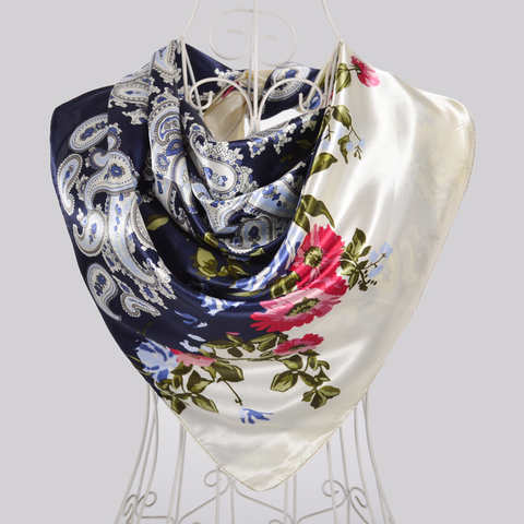Платок Шелковый женский BYSIFA, синий, белый, весенний, квадратный атласный платок, накидка, хиджаб, мусульманский головной платок 32880484848