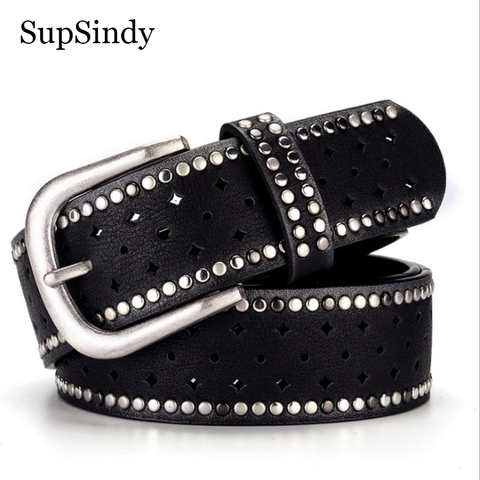 SupSindy Женский кожаный ремень в стиле панк с пряжкой, винтажные заклепки, роскошный дизайнер, оригинальные ремни для женщин, джинсовый пояс 32890293731