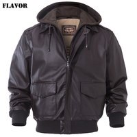 Kожаная куртка мужская бомбер FLAVOR, черный жакет из натуральной овечьей кожи со съемным капюшоном, теплая лётная куртка для мужчин на осень-зиму 2019 32900023046