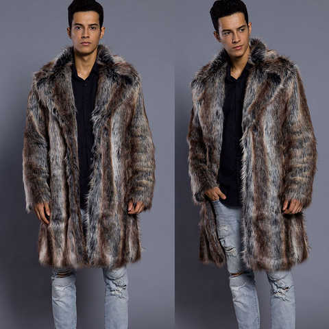 Куртка мужская с отложным воротником, длинная свободная ветровка из искусственного меха норки, с принтом в полоску, повседневная кожаная куртка с лисьим мехом, зима 32906786530