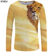 Мужская длинная футболка KYKU, желтая футболка с длинным рукавом и 3D-принтом льва, в стиле хип-хоп, лето 32909054645