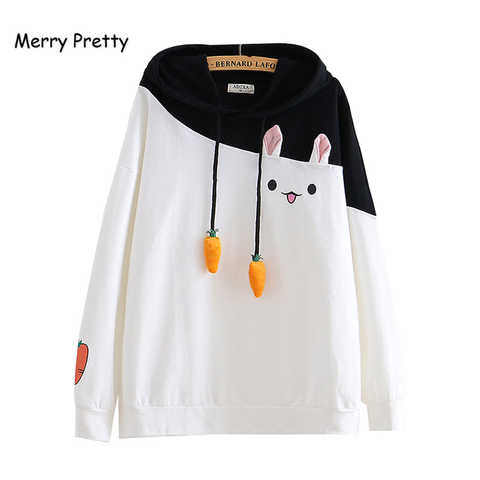 Женская толстовка с капюшоном Merry Pretty, милый пуловер с рисунком животного, женская верхняя одежда с рисунком кролика, розовая, черная толстовка с капюшоном для девочек 32909558577