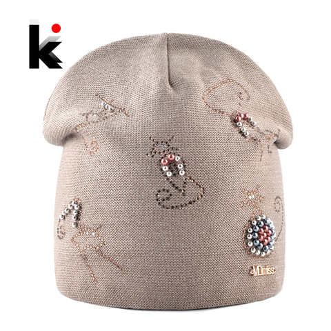 шапка женская зимняя для женщин новые модные шапочки с красивый горный хрусталь жемчуг кошки высокое качество шапки женские вязаные капот шапка бини 32913613061