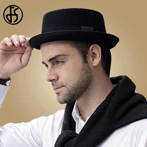 Мужская винтажная фетровая шляпа FS, шляпа из шерсти, с плоской круглой тульей, лентой и загнутыми кверху широкими полями, черная, демисезонная 32922771960