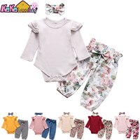 Осенний комплект одежды для маленьких девочек, модный наряд для малышей, Топ с длинным рукавом, штаны с цветами, повязка на голову, милая одежда из 3 предметов для новорожденных 32940858825