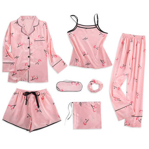 Пижама на бретельках, женская пижама из 7 предметов, розовые пижамные комплекты, атласная шелковая Женская одежда для сна, пижамный комплект, пижамы для женщин 32952382686