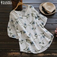 Топ 2022 ZANZEA, летняя женская блузка, Женская туника, топ, винтажная Короткая Повседневная блузка, Винтажная Футболка с принтом 32955243557