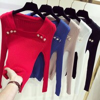 Пуловеры с пуговицами вязанные свитера для женщин тонкий эластичный пуловер свитер женский Топ с длинным рукавом Одежда 9-1123 32956074818