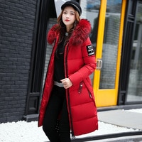 Женская пуховая парка, зимняя куртка, пальто с большим меховым воротником, плотные облегающие пальто, Модная хлопковая верхняя одежда с капюшоном, длинное зимнее женское пальто 32958953733