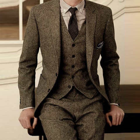 Пиджак мужской коричневый твидовый, дизайнерский винтажный Свадебный костюм, классический костюм для мужчин, костюм-тройка, зима 32962745677