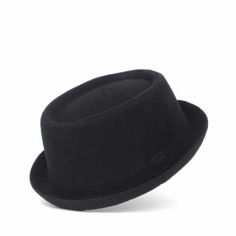 Мужская шерстяная шляпа-пирог из 100% шерсти для папы, зимняя черная шляпа-федора для джентльмена, плоская шляпа-котелок, шляпа-пирог, размер S, M, L, XL 32964207122