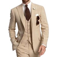Мужские костюмы из трех предметов для деловечерние, бежевые костюмы с острым лацканом на двух пуговицах, смокинг для жениха на свадьбу, пиджак, брюки, жилет, 2020 32965432074