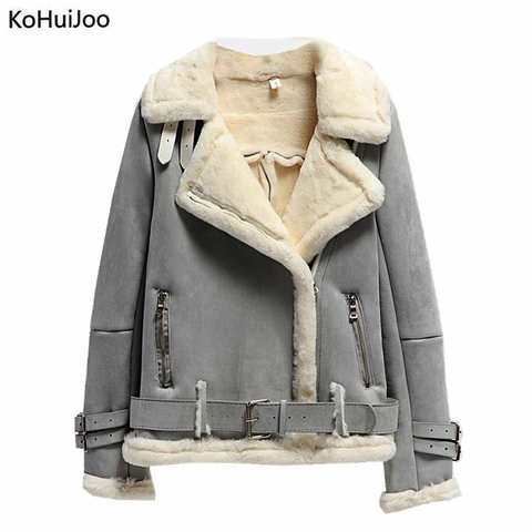 Зимняя замшевая куртка KoHuiJoo, женское плотное теплое модное мотоциклетное пальто из овечьей шерсти на молнии, Женское пальто из овчины 32966974612
