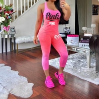 Женский спортивный костюм из футболки и брюк, летний комплект из двух предметов, футболка и штаны с принтом букв розового цвета, модель XXXL, 2019 32971027352