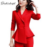 Женская обувь Красный Блейзер Slim Демисезонный Новый элегантный женский офисный жакет Рабочий костюм с оборками двубортный пиджак сплошной Dushicolorful 32977499627