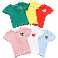 Хлопковые топы с коротким рукавом для маленьких девочек, лето футболка с ребрами, детская одежда с волнистыми краями, рубашка с вышивкой, От 1 до 6 лет 32989033422