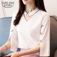 Женская блузка 2021, женские топы, шифоновая блузка с бисером, однотонная белая рубашка, блузка, одежда, рубашки с треугольным вырезом 2994 50 32989436563