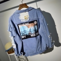 Свободная куртка-бомбер в Корейском стиле с потертостями и надписями «Where Is My Mind», джинсовое пальто женское, уличная одежда Harajuku 32990847401