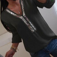 Женская блузка с V-образным вырезом, Повседневная Свободная блузка с блестками, женские топы, женская рубашка, блузки с длинным рукавом, Женские топы и блузки 32991651747
