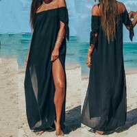 Женская шифоновая накидка на бикини, элегантное однотонное пляжное длинное платье, лето 2019, платье-туника 33003567557