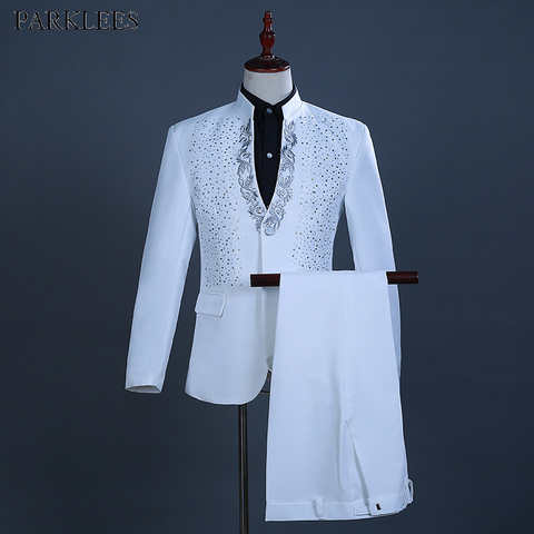 Белый вышитый бриллиантовый костюм, мужской свадебный смокинг жениха, мужской костюм с воротником-стойкой для выпускного вечера, мужской костюм с брюками Ternos 33005451020