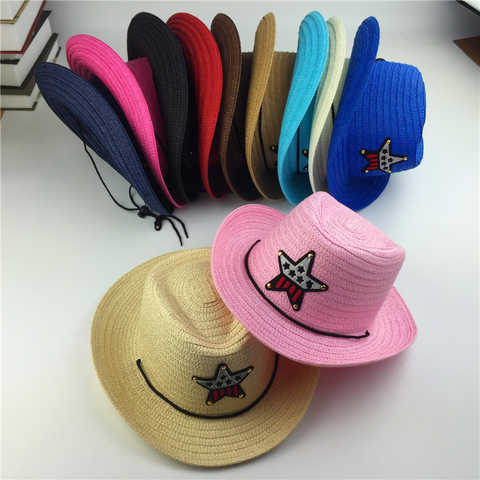 Детская джазовая ковбойская шляпа для улицы, летняя соломенная шляпа для мальчиков и девочек, шляпа от солнца с пятью звездами и нашивками, милый детский пляжный козырек 33013684992