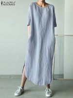 Модель 2022 года, женское летнее однотонное платье ZANZEA из хлопка и льна с круглым вырезом, длинное платье с разрезом, женское платье, повседневное праздвечерние чное платье 33018654150