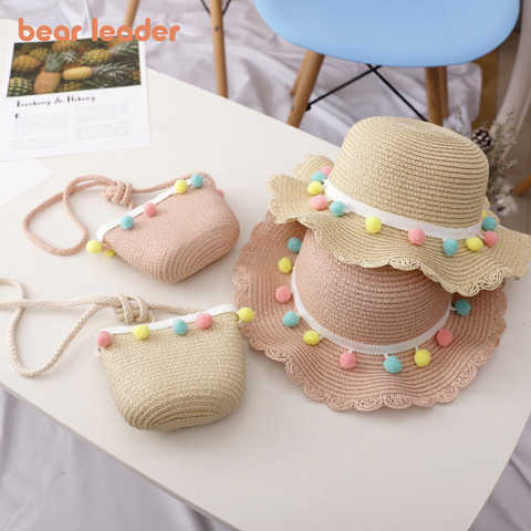 Шапка для девочки с медведем; Коллекция 2022 года; Летняя кепка; Дышащие соломенные шляпы; Цветная шляпа принцессы с помпонами; Шляпа с сумкой; Детские шапки; От 2 до 6 лет 33024892609
