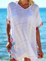 Женское летнее платье с бахромой, с V-образным вырезом, яркие плавательные топы, полосатые бикини, накидка, купальник, Пляжное Платье, Salida De 33025598370