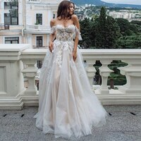 Женское ТРАПЕЦИЕВИДНОЕ свадебное платье, привлекательное Тюлевое платье цвета шампанского с открытыми плечами, аппликацией без рукавов, официальное платье для невесты, 2022 33029714409