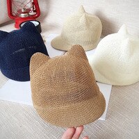 Симпатичная Детская шляпа с ушками, летняя соломенная сетка, шляпа для маленьких девочек и мальчиков, Snapback, детская бейсбольная кепка, пляжная шляпа от солнца 33030637908