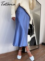 Женская шелковая атласная юбка с высокой талией Tataria, элегантная юбка трапециевидной формы 2022, летняя розовая юбка миди, новый корейский стиль 33039494144