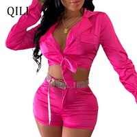 QILI/Модный женский комплект из двух предметов неонового, зеленого, розового и красного цветов, рубашка с длинными рукавами, короткий топ + шорты, комплект из 2 предметов, байкерские комплекты 33040778671