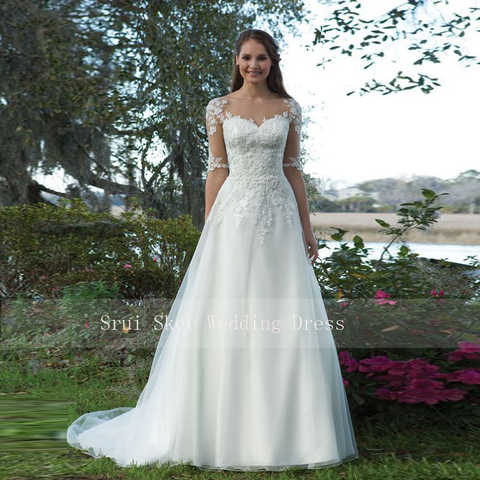 Красивое свадебное платье, атласное ТРАПЕЦИЕВИДНОЕ платье из органзы с иллюзионными рукавами и кружевной аппликацией, свадебные платья на заказ 33046984965