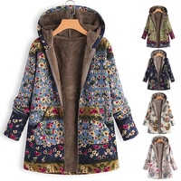 пальто Женское зимнее повседневное пальто с цветочным принтом, теплое флисовое пальто с капюшоном, Женское пальто большого размера с карманом, женская верхняя одежда, длинное пальто 33049094589