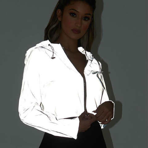 Куртка-бомбер женская Светоотражающая на молнии, Повседневная Уличная куртка серого цвета с длинным рукавом и капюшоном 33059776630