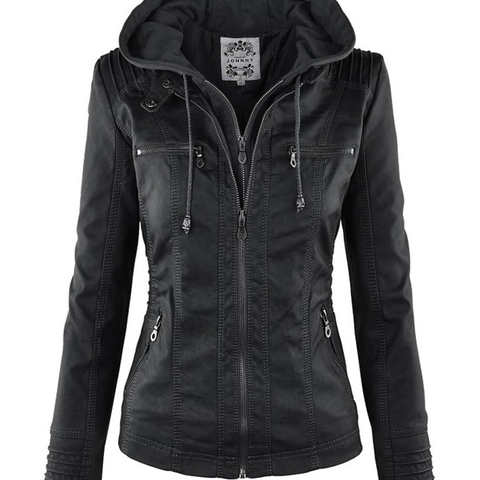 Женская байкерская куртка из искусственной кожи, черная толстовка с капюшоном, верхняя одежда из экокожи, Осень-зима 2024 4000023034338