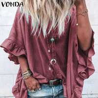 Женская офисная блузка VONDA, Повседневная Свободная блузка с воротником с лацканами и пуговицами, с рукавом до локтя и оборками, Топ-туника 4000030708140