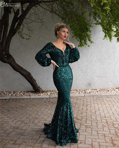 Зеленое мусульманское вечернее платье с длинным рукавом и V-образным вырезом, сексуальное платье с открытой спиной и юбкой-годе, официальные платья для выпускного вечера, женское платье 4000049050780