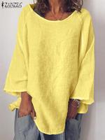 Модная женская блузка ZANZEA с длинным рукавом, однотонная хлопковая рубашка, осенние женские блузы, базовые Топы, халат, свободная рубашка, туника 4000052661600