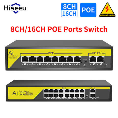 Hiseeu 48 В 8/16 портов POE коммутатор Ethernet 10/100 Мбит/с IEEE 802,3 af/at для ip-камеры/камера видеонаблюдения системы безопасности камера система/Беспроводная AP ft 4000117433660