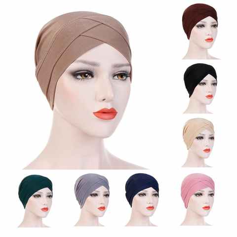 Женская эластичная Шапка-тюрбан с перекрестной головной повязкой, бандана для химиотерапии мусульманский шарф, однотонные хиджабы, шапки, этнические черные синие головные уборы 4000147638574