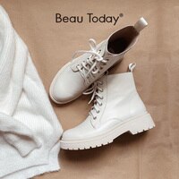 Женские ботинки BeauToday с круглым носком из натуральной коровьей кожи, на шнуровке, бежевый/черный 4000188826256
