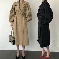 Женский двубортный тренчкот, Элегантное длинное пальто оверсайз, Корейская верхняя одежда, подиумная ветровка, осень 2019 4000213505303