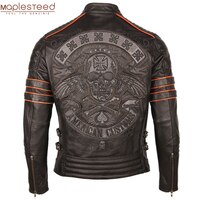 Мотоциклетная кожаная куртка, Черная байкерская куртка из 100% натуральной воловьей кожи с вышивкой черепа, теплая зимняя одежда, M219 4000218981984