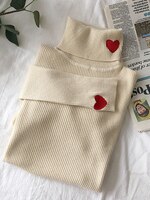 2024 вязаный женский свитер, рифленые пуловеры водолазка с вышивкой в виде сердца, осенне-зимние Базовые Женские свитера, мягкие теплые Топы 4000233466599