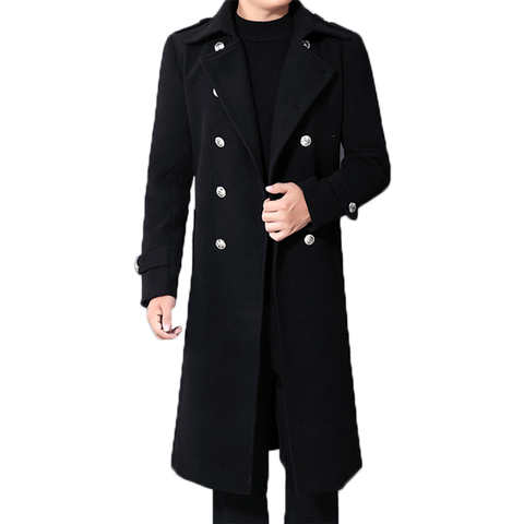Зимний новый деловой мужской двубортный военный Тренч, шерстяное длинное пальто, мужское модное тонкое пальто большого размера, черная верхняя одежда 4000237586649