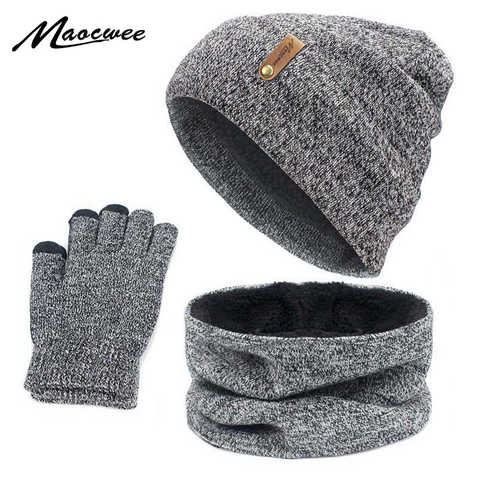Комплект из шарфа и перчаток, зимняя вязаная плотная теплая шапка, однотонная Ретро шапка, перчатки для сенсорного экрана, шапки-унисекс, кольцо для шляпы 4000249687513