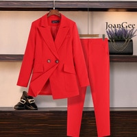 Женский брючный костюм большого размера, новый осенне-зимний Повседневный Профессиональный красный пиджак, Блейзер, повседневные брюки, комплект из двух предметов 4000271856697