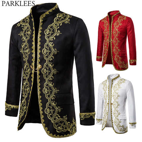 Роскошный мужской блейзер с золотой вышивкой, стильный дворцовый костюм в стиле барокко, мужской черный блейзер для выпускного вечера 4000283115457